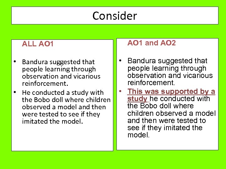 Consider ALL AO 1 • Bandura suggested that people learning through observation and vicarious