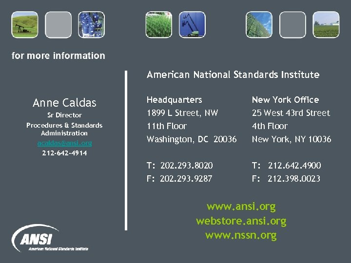 American National Standards Institute Anne Caldas Sr Director Procedures & Standards Administration acaldas@ansi. org
