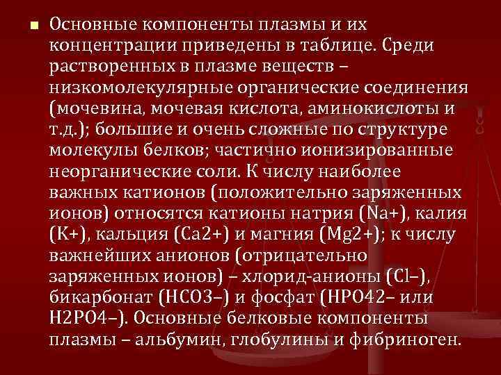 n Основные компоненты плазмы и их концентрации приведены в таблице. Среди растворенных в плазме