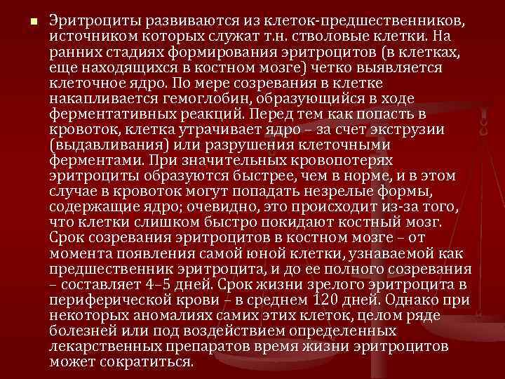 n Эритроциты развиваются из клеток-предшественников, источником которых служат т. н. стволовые клетки. На ранних