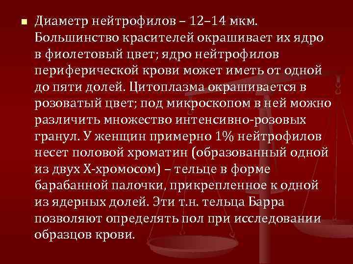 n Диаметр нейтрофилов – 12– 14 мкм. Большинство красителей окрашивает их ядро в фиолетовый
