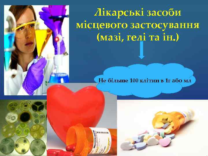 Лікарські засоби місцевого застосування (мазі, гелі та ін. ) Не більше 100 клітин в