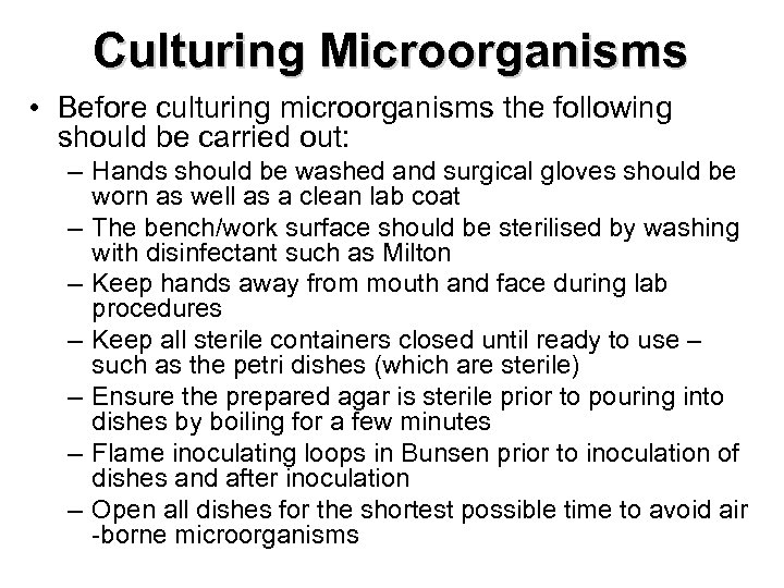 Culturing Microorganisms • Before culturing microorganisms the following should be carried out: – Hands