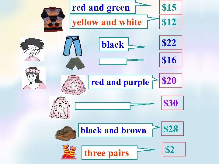 red and green $15 yellow and white $12 black $22 $16 red and purple