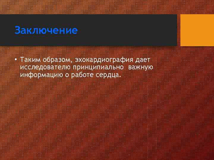 Заключение • Таким образом, эхокардиография дает исследователю принципиально важную информацию о работе сердца. 