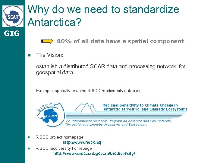 Why do we need to standardize Antarctica? GIG 80% of all data have a