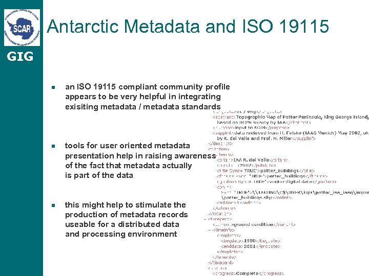 Antarctic Metadata and ISO 19115 GIG n an ISO 19115 compliant community profile appears