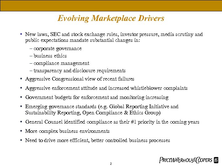 The Market Continuum - How do you view risk? Evolving Marketplace Drivers • New