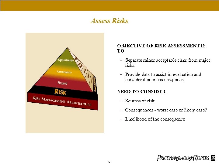 Assess Risks OBJECTIVE OF RISK ASSESSMENT IS TO – Separate minor acceptable risks from