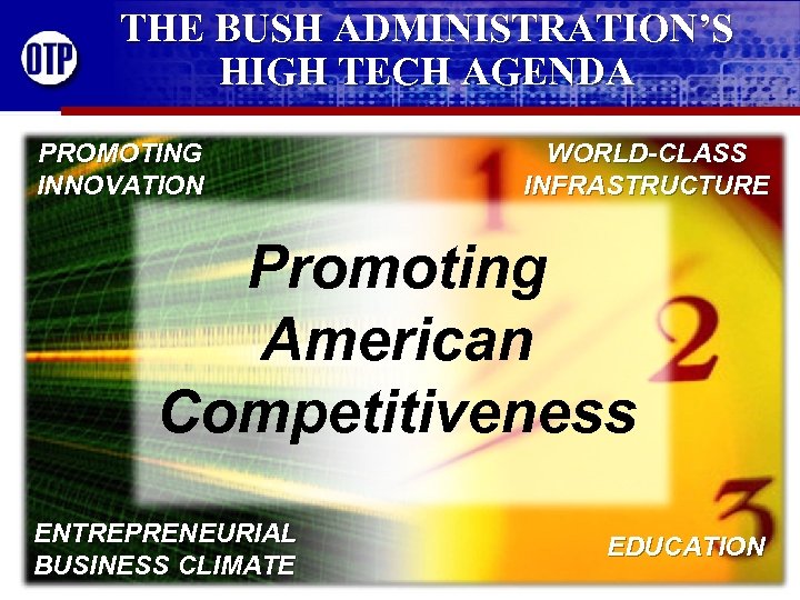 THE BUSH ADMINISTRATION’S HIGH TECH AGENDA PROMOTING INNOVATION WORLD-CLASS INFRASTRUCTURE Promoting American Competitiveness ENTREPRENEURIAL