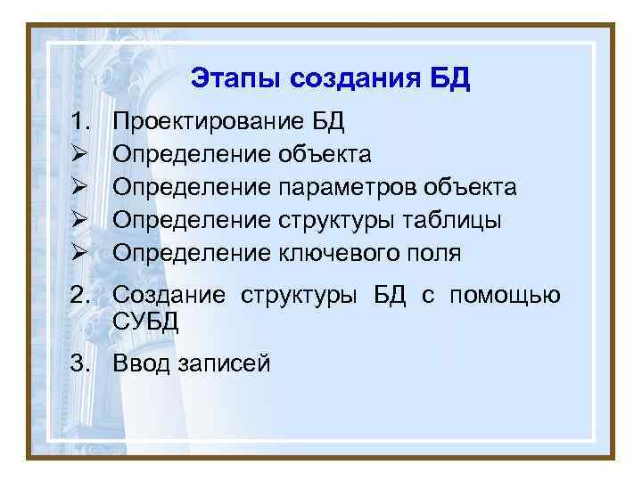 Этапы создания БД 1. Ø Ø Проектирование БД Определение объекта Определение параметров объекта Определение