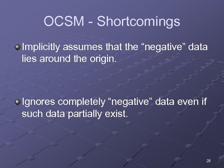 OCSM - Shortcomings Implicitly assumes that the “negative” data lies around the origin. Ignores