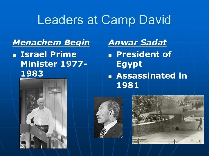 Leaders at Camp David Menachem Begin n Israel Prime Minister 19771983 Anwar Sadat n