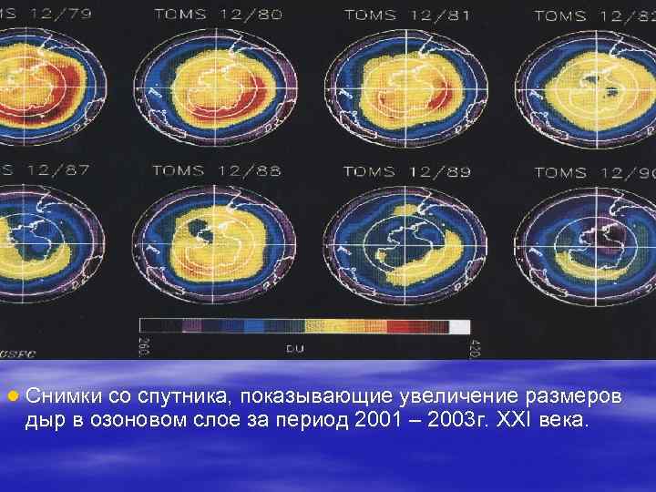  ● Снимки со спутника, показывающие увеличение размеров дыр в озоновом слое за период