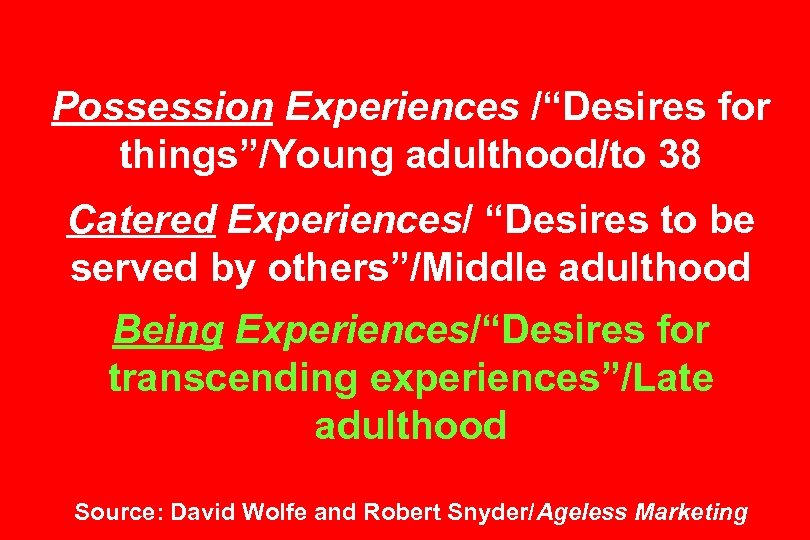 Possession Experiences /“Desires for things”/Young adulthood/to 38 Catered Experiences/ “Desires to be served by