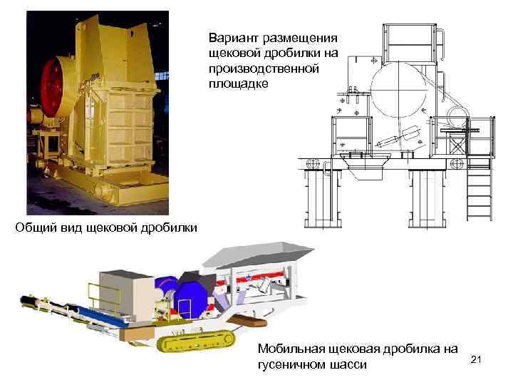 Вариант размещения щековой дробилки на производственной площадке Общий вид щековой дробилки Мобильная щековая дробилка