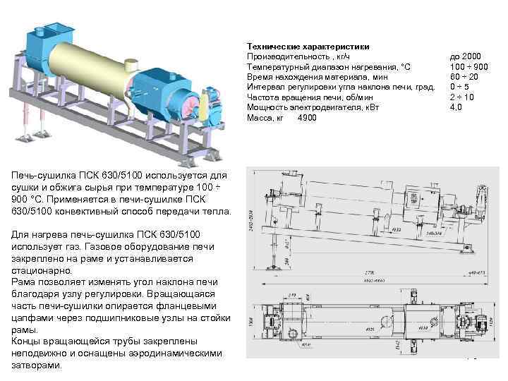 Технические характеристики Производительность , кг/ч Температурный диапазон нагревания, °С Время нахождения материала, мин Интервал