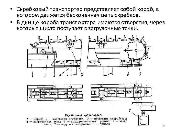  • Скребковый транспортер представляет собой короб, в котором движется бесконечная цепь скребков. •