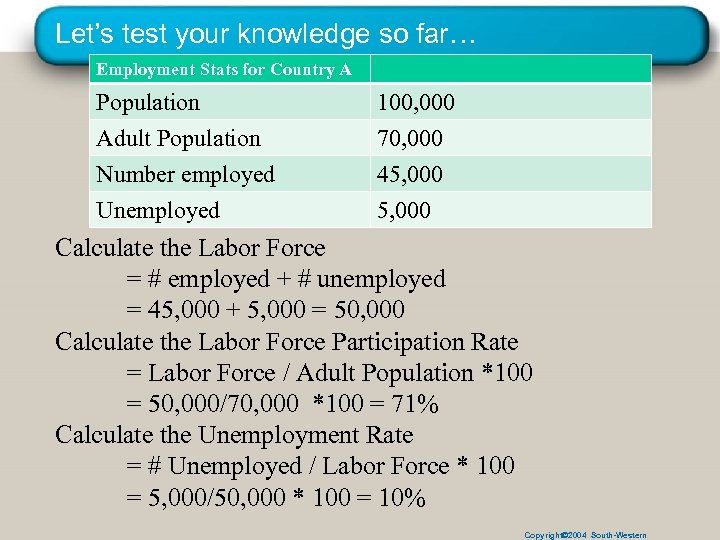 Let’s test your knowledge so far… Employment Stats for Country A Population Adult Population