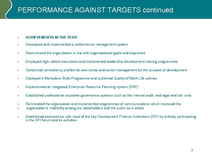 PERFORMANCE AGAINST TARGETS continued • ACHIEVEMENTS IN THE YEAR • Developed and implemented a