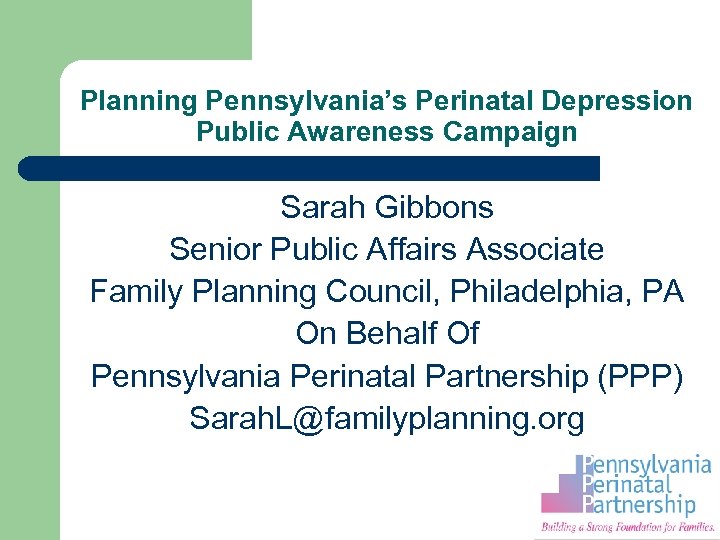 Planning Pennsylvania’s Perinatal Depression Public Awareness Campaign Sarah Gibbons Senior Public Affairs Associate Family