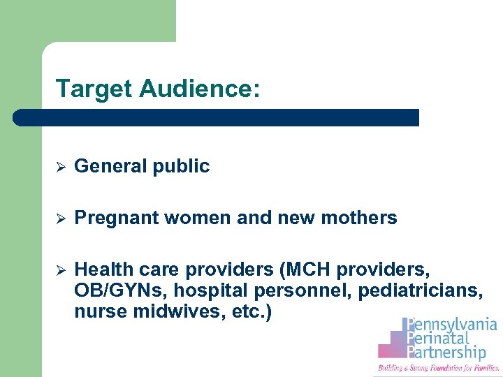Target Audience: Ø General public Ø Pregnant women and new mothers Ø Health care