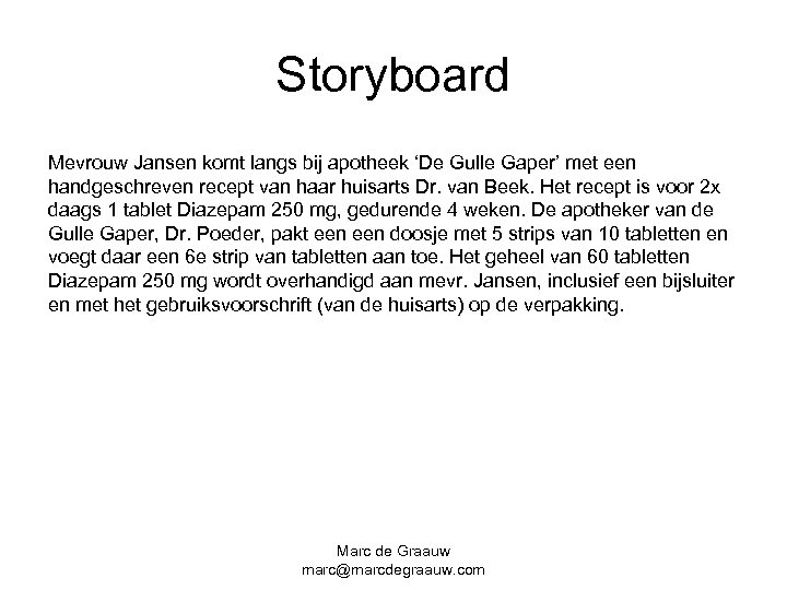 Storyboard Mevrouw Jansen komt langs bij apotheek ‘De Gulle Gaper’ met een handgeschreven recept