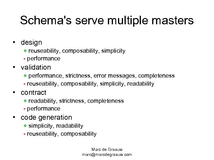 Schema's serve multiple masters • design + reuseability, composability, simplicity - performance • validation