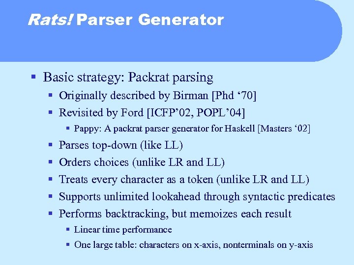 Rats! Parser Generator § Basic strategy: Packrat parsing § Originally described by Birman [Phd