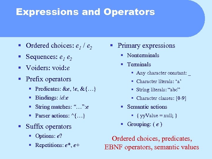 Expressions and Operators § Ordered choices: e 1 / e 2 § Sequences: e