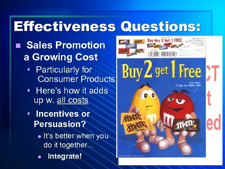 Effectiveness Questions: n Sales Promotion a Growing Cost s Particularly for Consumer Products s