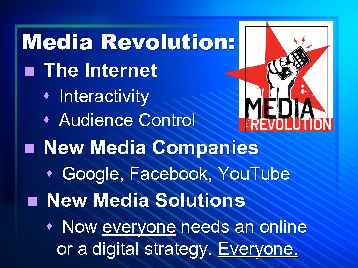 Media Revolution: n The Internet s Interactivity s Audience Control n New Media Companies