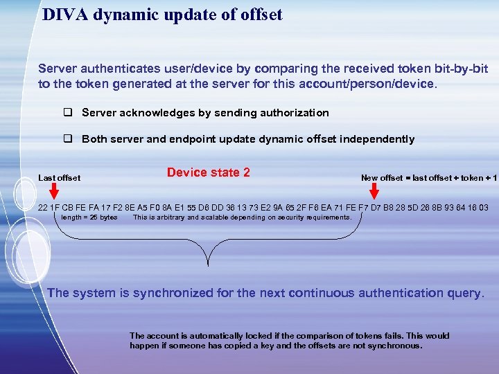 DIVA dynamic update of offset Server authenticates user/device by comparing the received token bit-by-bit