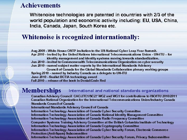 Achievements Whitenoise technologies are patented in countries with 2/3 of the world population and