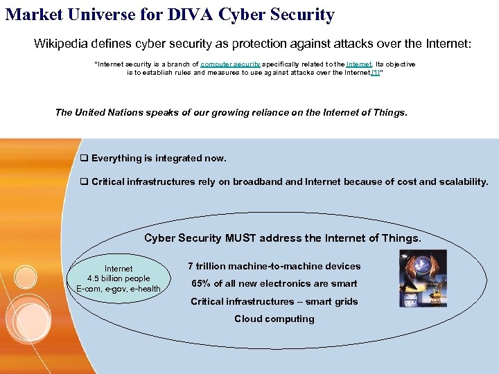 Market Universe for DIVA Cyber Security Wikipedia defines cyber security as protection against attacks