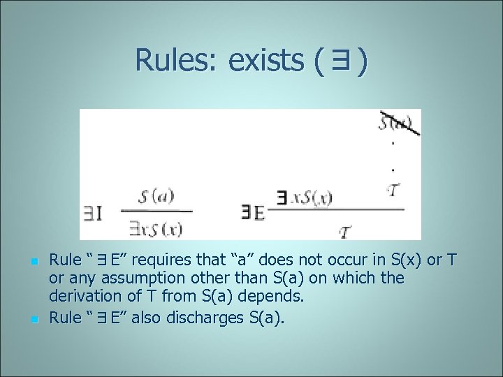 Rules: exists (∃) n n Rule “∃E” requires that “a” does not occur in