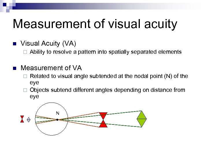 Measurement of visual acuity n Visual Acuity (VA) ¨ n Ability to resolve a