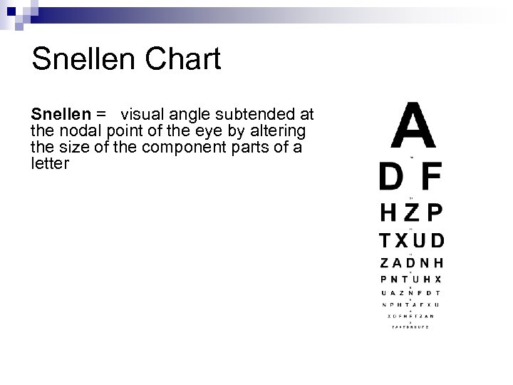 Snellen Chart Snellen = visual angle subtended at the nodal point of the eye