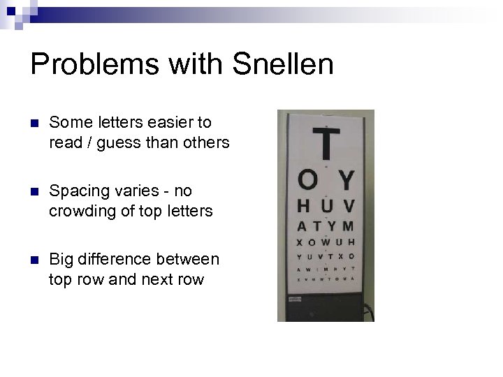 Problems with Snellen n Some letters easier to read / guess than others n