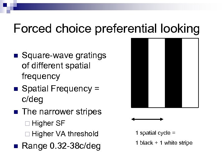 Forced choice preferential looking n n n Square-wave gratings of different spatial frequency Spatial