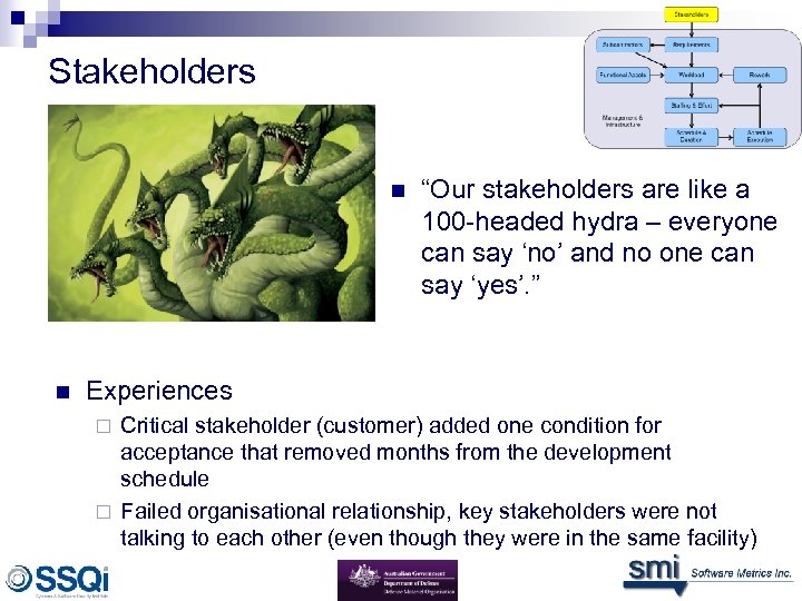 Stakeholders n n “Our stakeholders are like a 100 -headed hydra – everyone can