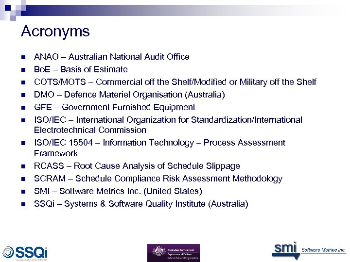 Acronyms n n n ANAO – Australian National Audit Office Bo. E – Basis