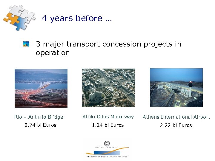 4 years before … 3 major transport concession projects in operation Rio – Antirrio