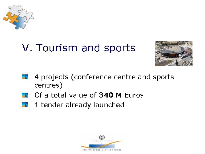 V. Tourism and sports 4 projects (conference centre and sports centres) Of a total