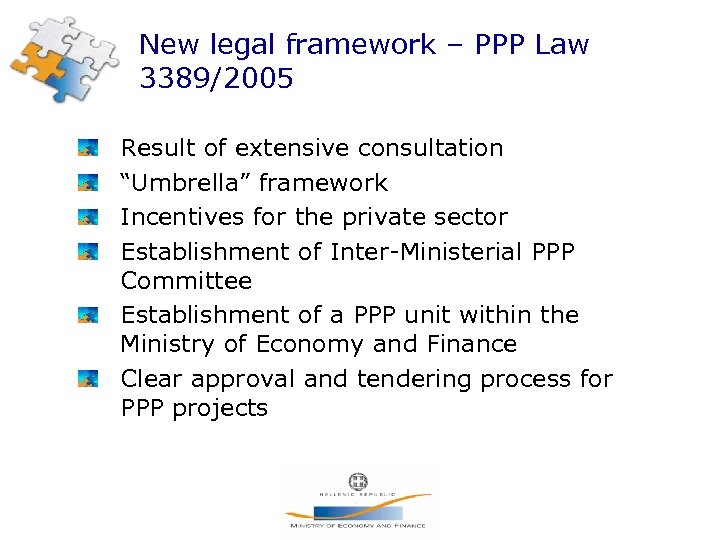 New legal framework – PPP Law 3389/2005 Result of extensive consultation “Umbrella” framework Incentives