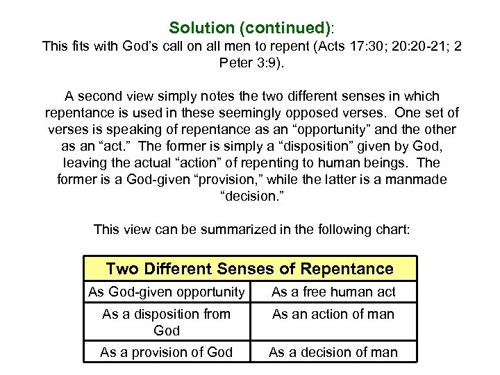 Solution (continued): This fits with God’s call on all men to repent (Acts 17: