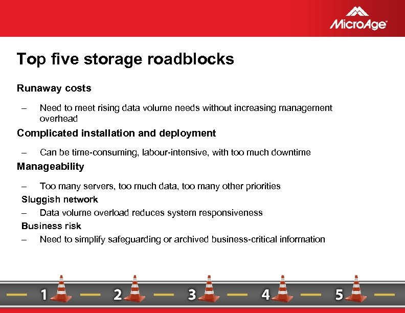 Top five storage roadblocks Runaway costs – Need to meet rising data volume needs