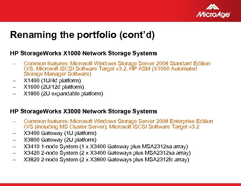 Renaming the portfolio (cont’d) HP Storage. Works X 1000 Network Storage Systems – –