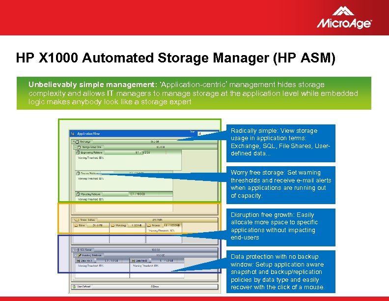 HP X 1000 Automated Storage Manager (HP ASM) Unbelievably simple management: ‘Application-centric’ management hides