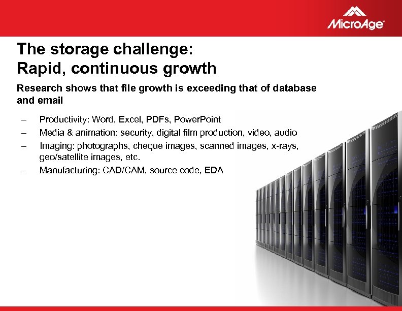 The storage challenge: Rapid, continuous growth Research shows that file growth is exceeding that